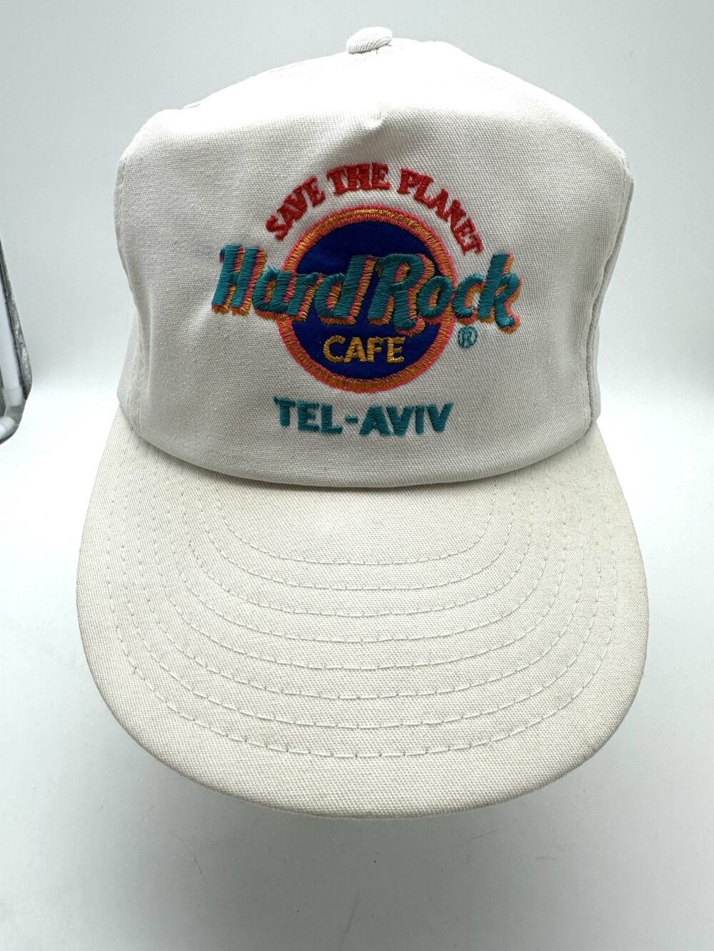 VTG 90’s Tel Aviv Hard Rock Cafe Trucker Hat Cap Adjustable White Made In USA